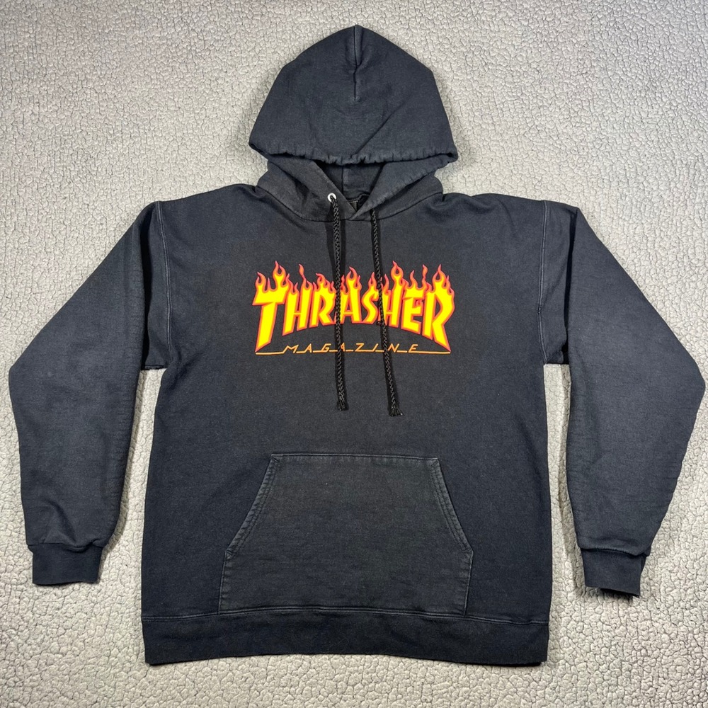 Thrasher Magazine Flame Logo Hoodie Black Skate Sweatshirt Small S